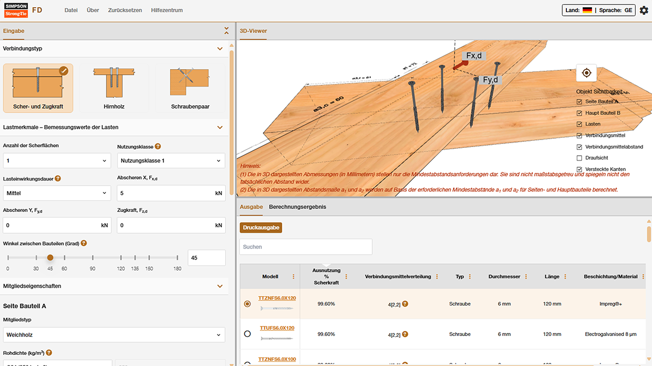 Ein Screenshot der Fastener Designer-Software von Simpson Strong-Tie. Auf der linken Seite sind Auswahlfelder bezüglich der Art der Verbindung, der Stärke des Holzes, des Winkels der Teile zueinander etc. Auf der Rechten Seite wird die gewählte Verbindung in 3D und rotierbar dargestellt (in diesem Fall: Zwei in 45° zueinander stehende Balken, mit vier Schrauben aneinander angeschlossen). Darunter eine Auswahl der dazu passenden Verbindungsmittel, in diesem Fall verschiedene Schrauben.