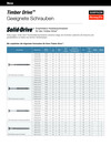 Die vorderste Seite eines Flyers mit der Aufschrift "Timber Drive (tm) / Geeignete Schrauben". Darunter "Solid Drive / Empfohlene Holzbauschrauben für den Timber Drive (tm)". Darunter eine große Tabelle mit diversen Werten zu vier verschiedenen Schrauben, die auch bildlich dargestellt sind. Oben rechts das Logo von Simpson Strong-Tie.