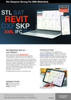 Der BIM-Bibliothek-Flyer. Zu sehen: ein Laptop und Smartphone vor einem schwarzblauen Hintergrund. Auf dem Bildschirm ist die BIM-Bibliothek von Simpson Strong-Tie zu sehen: Holzverbinder als Zeichnungen, angeordnet in einer Tabelle. Links im Bild schweben Textelemente wie "REVIT" oder "SKP". Unterhalb des Bildes mehrere Textblöcke und ein Foto, auf dem eine Hand ein Tablet hält. Das Tablet zeigt noch einmal die Bibliothek.