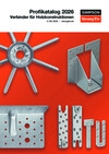 Das Cover des 2026er-Profikatalogs von Simpson Strong-Tie. Vor einem orangenen Hintergrund sind verschiedene Holzverbinder abgebildet. Oben ist ein weißer Balken mit dem Logo des Unternehmens sowie der Aufschrift "Profikatalog 2026" und "Verbinder für Holzkonstruktionen" und "C-DE-2026 | strongtie.de".
