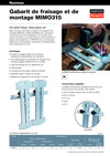 Le dépliant sur le gabarit de fraisage et de montage MIMO315 de Simpson Strong-Tie. Il se compose de deux blocs de texte avec des listes et des images correspondantes qui montrent le MIMO315 soit seul, soit utilisé dans un atelier de menuiserie. Dans la partie inférieure, on trouve un gros plan du gabarit ainsi qu'un tableau.