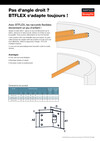 On peut voir ici la première page du prospectus consacré à la poutre BTFLEX de Simpson Strong-Tie. Il montre notamment comment fixer des poutres en bois inclinées et droites à l'intérieur d'un mur rond en béton à l'aide de ce connecteur. Dans la partie inférieure de la page se trouve un tableau indiquant les dimensions du produit, accompagné d'un schéma correspondant.