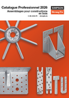 La couverture du catalogue professionnel 2026 de Simpson Strong-Tie, en français. Diverses fixations pour le bois sont représentées sur un fond orange. En haut figure une bande blanche avec le logo de l’entreprise ainsi que les inscriptions « Catalogue Professionnel 2026 », « Assemblages pour constructions en bois » et « C-DE-2026-FR | strongtie.de ».