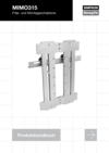Alles in Schwarzweiß: Die Fräs- und Montageschablone MIMO315 auf einer weißen Fläche. Oben links die Aufschrift "MIMO315 | Fräs- und Montageschablone", oben rechts das Logo von Simpson Strong-Tie. Unten rechts ein Pfeil, der nach rechts zeigt, unten links die Aufschrift "Produkthandbuch".