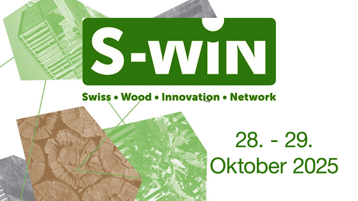S-WIN Fortbildungskurs Weinfelden Das Logo des S-win, dazu die Aufschrift "Swiss - wood - innovation - network" sowie "28. - 29. Oktober 2025". Im Hintergrund Grafiken, die verschiedene Einsatzbereiche für Bauholz darstellen.