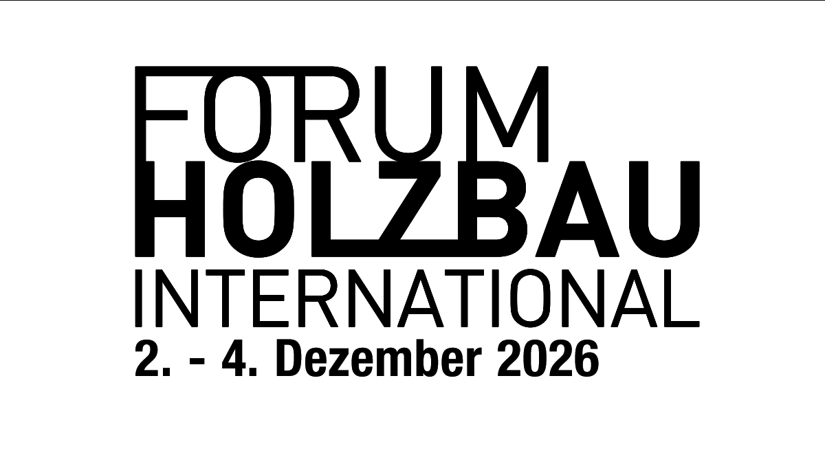 Ein weißer Hintergrund mit einer vierzeiligen Aufschrift: 1. "FORUM", 2. "HOLZBAU", 3. "INTERNATIONAL" und 4. "2. - 4. Dezember 2026".