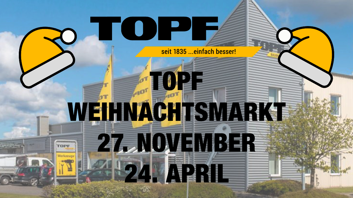 Die Firmenzentrale von TOPF in Itzehoe, mit einem weißen Filter etwas undeutlich gemacht. Oben links das Logo von TOPF (mit der Aufschrift "seit 1835 ...einfach besser", daneben die Aufschrift "TOPF BOXENSTOPP 24. APRIL". Im unteren Bereich die Zeichnung bzw. das Piktogramm einer karierten Autorenn-Flagge.