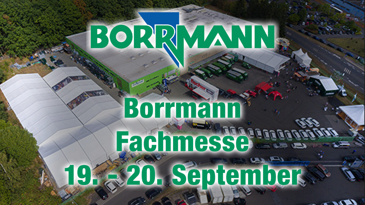 Eine Aufnahme der Borrmann-Firmenzentrale von oben, mit einem leichten dunklen Filter darüber. Oben sieht man das Borrmann-Logo mit einer weißen Kontur, darunter den Text "Borrmann Fachmesse / 19. - 20. September" in Grün, ebenfalls mit weißer Kontur.
