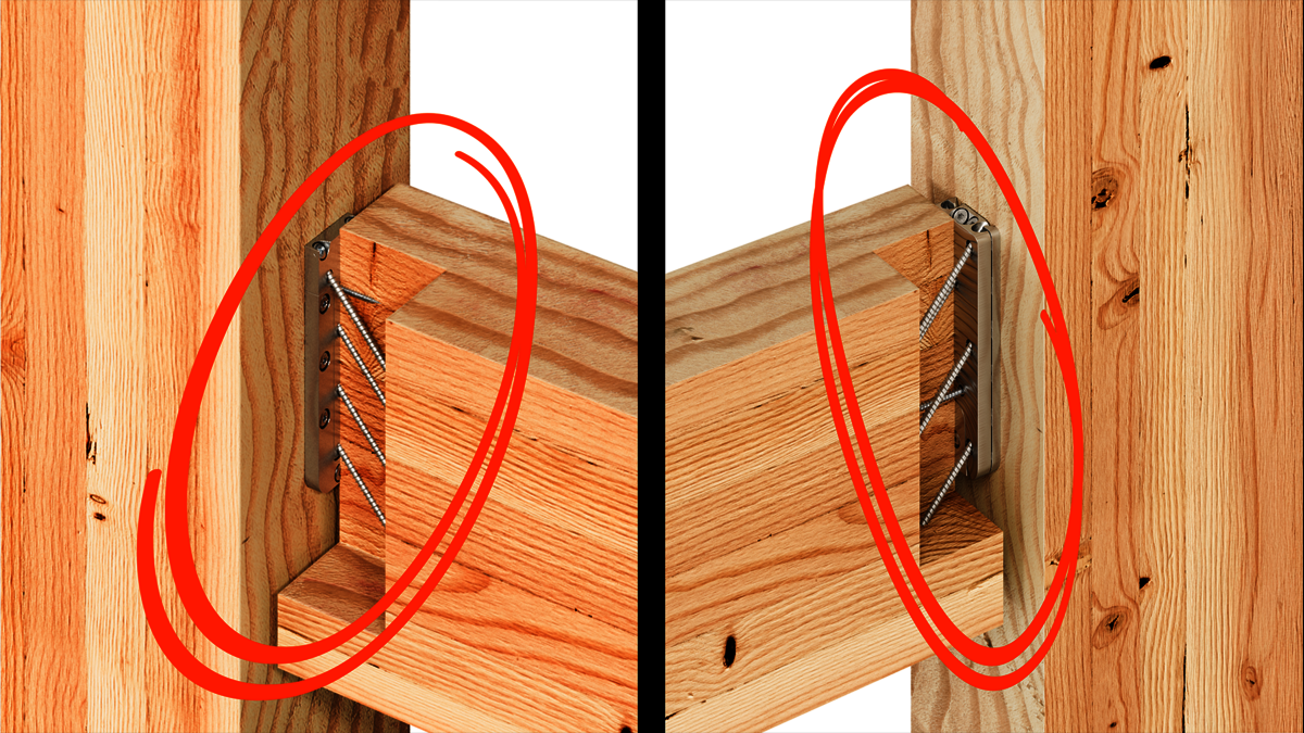 Das Bild ist mittig geteilt, links und rechts sind jeweils zwei im rechten Winkel zueinander stehende Holzverbindungen zu sehen, symmetrisch zueinander angeordnet. Auf der linken Seite hält der Hirnholzverbinder EGCL120 die Hölzer zusammen; rechts ist es der EGCM150. Einschnitte ins Holz ermöglichen es, die Schrauben zu sehen. Zwei von Hand gezeichnete orangene Kreise markieren die Verbinder.