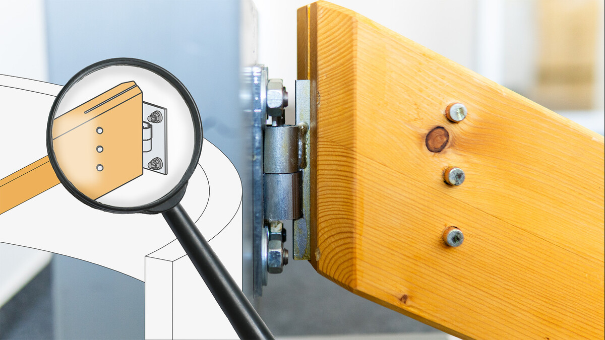 Das Bild setzt sich aus zwei Elementen zusammen: Im Hintergrund ist ein montierter Balkenträger BTFLEX zu sehen, der einen geneigten Holzbalken hält. Links eine Zeichnung einer ähnlichen Anordnung: eine Runde Betonmauer, ein geneigter Balken und darüber eine Lupe, die den BTFLEX vergrößert.