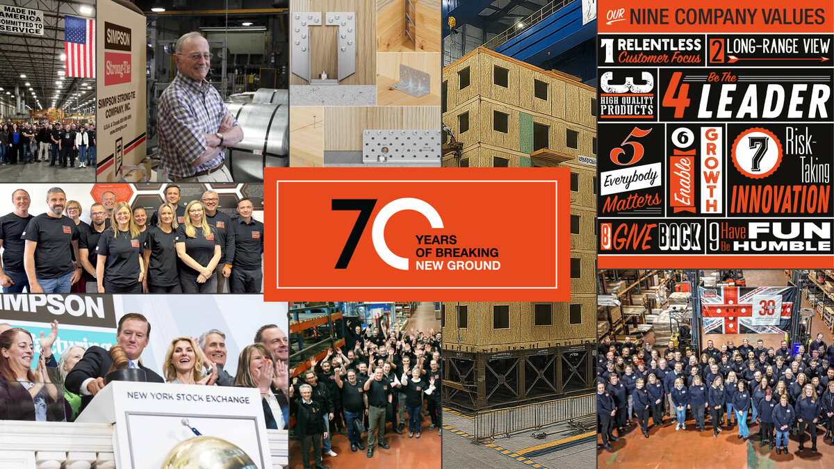Eine Bildercollage, auf der Holzverbinder zu sehen sind, das Innere von Lagern und Produktionsstätten, winkende Mitarbeiter und vor allem Barclay Simpson, der Gründer von Simpson Strong-Tie.  Auf einem anderen Bild ist Mike Olosky, der aktuelle CEO des Unternehmens. Vor allem steht ein orangener Banner mit der Aufschrift "70 YEARS OF BREAKING NEW GROUND".