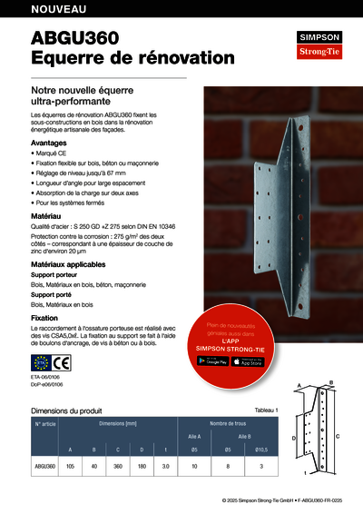 Le recto du dépliant ABGU360, intitulé « ABGU360 Equerre de rénovation ». L'ABGU est représentée devant un mur de briques. À gauche, la description de l'article et une liste d'avantages en bullet-point. En outre, un cercle orange fait la promotion de l'application SImpson Strong-Tie.