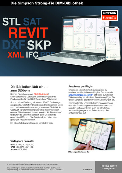 Der BIM-Bibliothek-Flyer. Zu sehen: ein Laptop und Smartphone vor einem schwarzblauen Hintergrund. Auf dem Bildschirm ist die BIM-Bibliothek von Simpson Strong-Tie zu sehen: Holzverbinder als Zeichnungen, angeordnet in einer Tabelle. Links im Bild schweben Textelemente wie "REVIT" oder "SKP". Unterhalb des Bildes mehrere Textblöcke und ein Foto, auf dem eine Hand ein Tablet hält. Das Tablet zeigt noch einmal die Bibliothek.