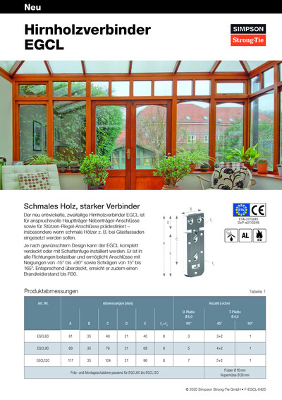 Die Vorderseite des EGCL-Flyers. Zu sehen ist ein Wintergarten von Innen, die Wände sind aus schmalen, rötlichen Holzstreben, dazwischen Fensterglas. Pflanzen und Möbel sind darin angeordnet, außerhalb sieht man Häuser und eine Gartenfläche. Der Flyer selbst trägt die Überschrift "Hirnholzverbinder EGCL". Unter dem Bild ist eine Textfläche, eine große Tabelle und eine technische Zeichnung des neuen Hirnholzverbinders.