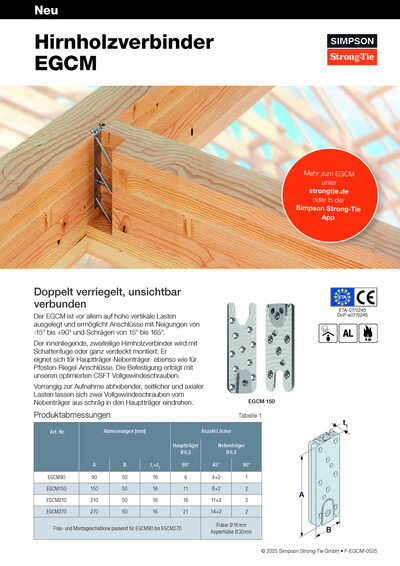 Die Vorderseite des EGCM-Flyers. Oberhalb sind zwei miteinander Holzbalken abgebildet, im rechten Winkel miteinander verbunden mit einem EGCM-Hirnholzverbinder. Der Flyer trägt die Überschrift "Hirnholzverbinder EGCM". Unterhalb des Bildes befinden sich ein großer Textblock, eine Tabelle, ein Foto des zweiteiligen Verbinders, plus eine Zeichnung mit Maßpfeilen.