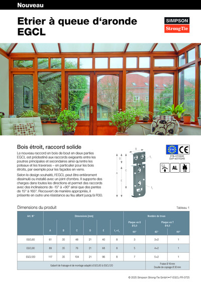 Le recto du dépliant EGCL. On y voit l'intérieur d'un jardin d'hiver, dont les murs sont constitués d'étroites entretoises en bois rougeâtre, séparées par des vitres. Des plantes et des meubles y sont disposés, tandis qu'à l'extérieur, on voit des maisons et une surface de jardin. Le dépliant lui-même porte le titre « Etrier à queue d‘aronde EGCL ». Sous l'image se trouve une zone de texte, un grand tableau et un dessin technique du nouveau connecteur en bois de bout.