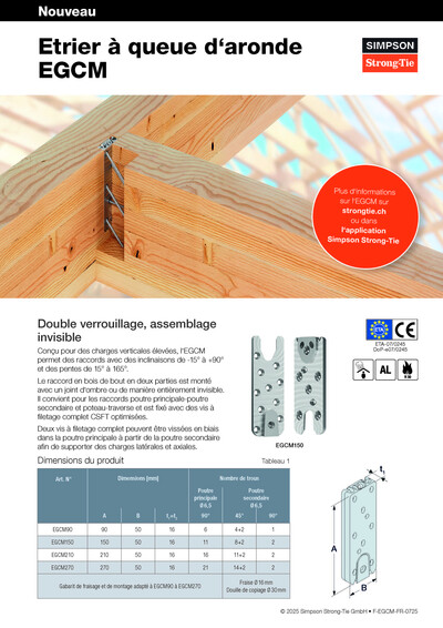 Le recto du dépliant EGCM. Au-dessus, deux poutres en bois sont représentées, reliées entre elles à angle droit par un connecteur EGCM en bois de bout. Le dépliant porte le titre « Etrier à queue d‘aronde EGCM ». En dessous de l'image se trouvent un grand bloc de texte, un tableau, une photo du connecteur en deux parties, ainsi qu'un dessin avec des flèches de dimensions.