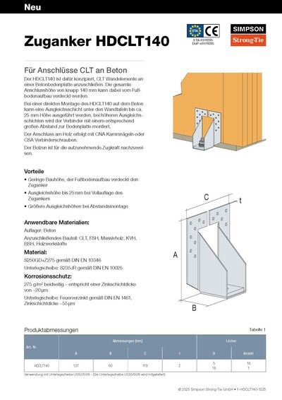Die erste Seite des Infoflyers zum Zuganker HDCLT140 von Simpson Strong-Tie. Zu sehen sind Zeichnungen des Holzverbinders neben umfangreichen Textblöcken und Aufzählungen. Die Überschrift lautet "Zuganker HDCLT140" sowie "Für Anschlüsse CLT an Beton".