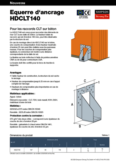 Première page de la brochure d'information sur le tirant HDCLT140 de Simpson Strong-Tie. Elle présente des dessins du connecteur en bois ainsi que des blocs de texte et des listes détaillés. Le titre est "Equerre d‘ancrage HDCLT140" et "Pour les raccords CLT sur béton".