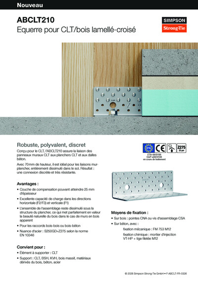 On voit ici la première page du dépliant consacré au equerre ABCLT210 de Simpson Strong-Tie. La moitié supérieure est occupée par une photo montrant un mur en bois relié à un sol en béton. L'equerre, qui relie ces deux éléments, est en métal et est présenté de face. Sur le bord droit de l'image, on peut voir en coupe les différentes couches du sol – isolant, chape, etc. – et constater qu'elles recouvriraient entièrement l'equerre.
