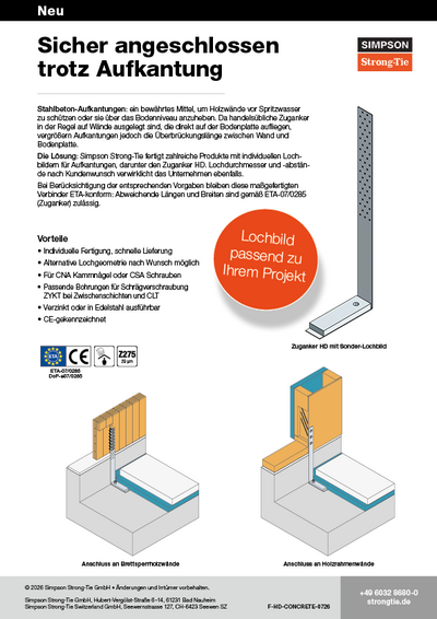 Die Vorderseite des Betonaufkansungs-Sonderlösungs-Flyer. Zu sehen ist ein Zuganker mit vielen Löchern weiter oben als regulär. Auf der unteren Seite zwei Anwendungsbeispiele, bei denen eine Holzwand mittels Betonaufkantung weiter oben angesetzt ist, und die Zuganker somit weiter oben befindliche Löcher zur Befestigung benötigen: links mit normalen Schraubenlöchern, rechts mit ZYKLOP-Schrägverbindern. In der Mitte des Flyers ein orangener Störer mit der Aufschrift "Lochbild passend zu Ihrem Projekt".