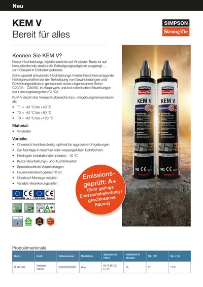 Die Vorderseite eines Flyers mit Headline "KEM V | Bereit für alles" und einem großen Block Text und Bullet Points auf der linken Seite. Auf der rechten ein Bild mit zwei KEM-V-Kartuschen auf einer Betonfläche, von hinten von der Sonne angestrahlt. Ein orangener, runder Störer informiert den Leser über die Emissionswerte des Injektionsmörtels, und ganz unten ist eine Tabelle.
