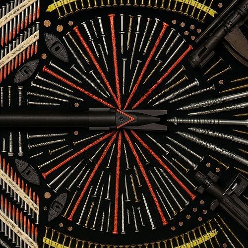 Eine große Auswahl verschiedener Befestigungsmittel (in erster Linie Schrauben), angeordnet wie eine Fontäne oder ein explodierendes Feuerwerk.