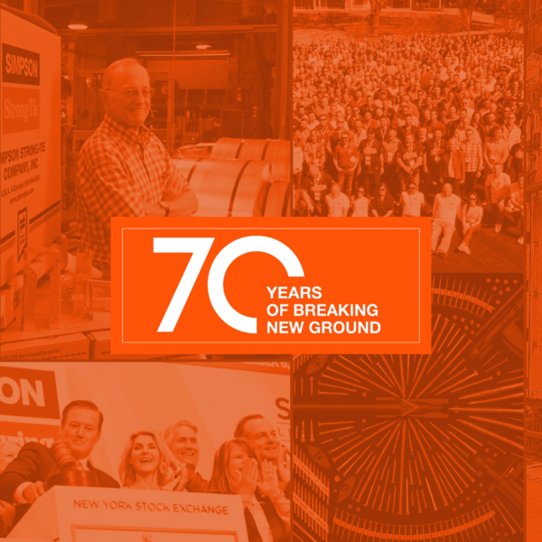 Eine Collage aus vier Bildern: Firmengründer Barclay Simpson, eine Menge Mitarbeiter in einem Gruppenfoto, diverse wie eine Feuerwerksexplosion angeordnete Verbinder und Mike Olosky, der an der Börse mit einem Hammer auf sein Pult haut. Über allem liegt ein orangener Filter, und davor die Aufschrift "70 YEARS OF BREAKING NEW GROUND".