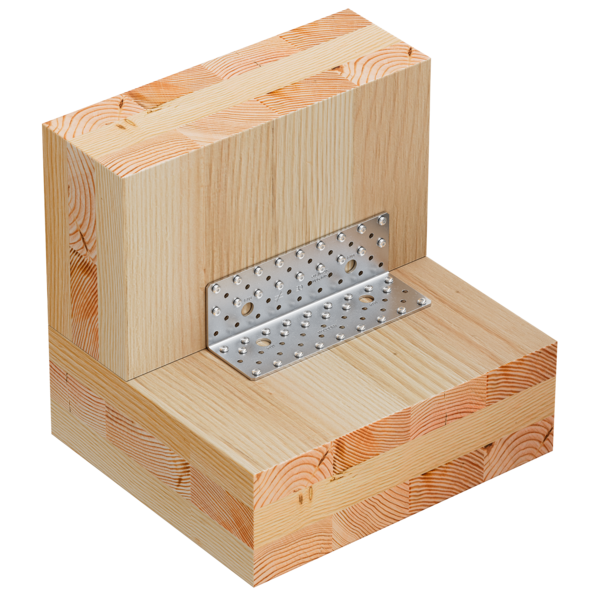 Zu sehen ist ein Verbinder, der zwei CLT-Elemente (Wand und Boden) im rechten Winkel aneinander anschließt.