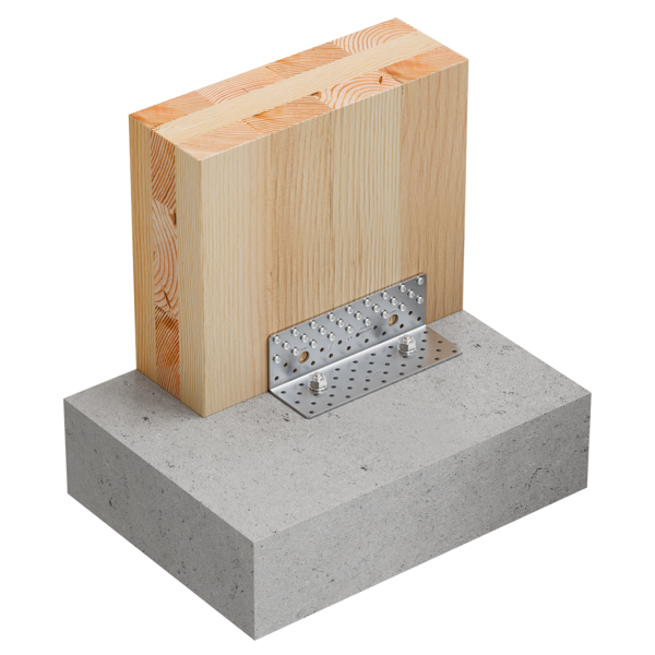 Zu sehen ist ein Verbinder, der einen Beton-Boden und eine CLT-Wand im rechten Winkel aneinander anschließt.