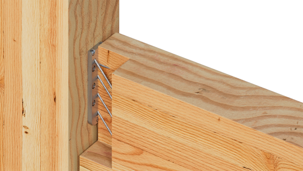 Zu sehen sind zwei Holzbalken, im rechten Winkel zueinander befestigt. Der rechte (waagerechte) Ballken ist an der Verbindungsstelle angeschnitten, damit man den eigentlich verdeckten Verbinder sieht, ein Bauelement aus glänzendem Metall. Es handelt sich um den Hirnholzverbinder EGCL von Simpson Strong-Tie.