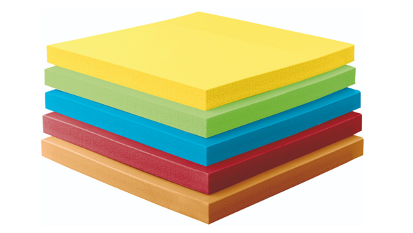 Zu sehen sind fünf quadratische Kunststoff-Quadrate, etwa zehnmal so breit wie sie dick sind. Von oben nach unten die Farben Gelb, Grün, Blau, Rot und Orange. Es handelt sich um die Schalldämmung SIT von Simpson Strong-Tie.