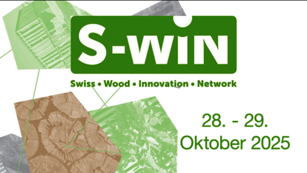 Das Logo des S-win, dazu die Aufschrift "Swiss - wood - innovation - network" sowie "28. - 29. Oktober 2025". Im Hintergrund Grafiken, die verschiedene Einsatzbereiche für Bauholz darstellen.