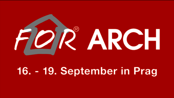 Das Logo der For Arch, bestehend aus dem Wort "FOR", in dem das O von der Silhouette eines Hauses umgeben ist, und rechts davon das Wort "ARCH". Darunter die Aufschrift "16. - 19. September in Prag". Das Ganze vor rotem Hintergrund.