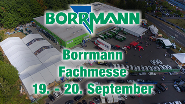Eine Aufnahme der Borrmann-Firmenzentrale von oben, mit einem leichten dunklen Filter darüber. Oben sieht man das Borrmann-Logo mit einer weißen Kontur, darunter den Text "Borrmann Fachmesse / 19. - 20. September" in Grün, ebenfalls mit weißer Kontur.