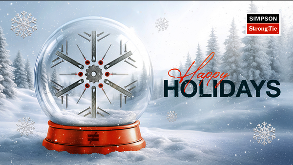 Eine Schneelandschaft mit einer Schneekugel auf einem hölzernen Fuß. Auf dem Fuß ist das Ungleichheitszeichen abgebildet, im Inneren der gläsernen Kugel eine Schneeflocke, die aus verschiedenen Verbindern zusammengesetzt ist. Auf der rechten Seite des Bildes der Schriftzug "Happy Holidays", in der rechten oberen Ecke ist das Logo von Simpson Strong-Tie zu sehen.