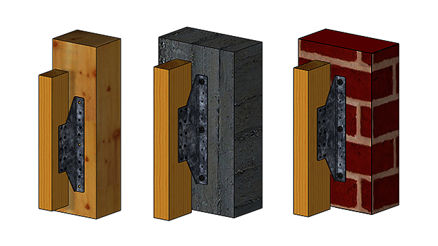 Drei Zeichnungen des Sanierungswinkels ABGU360 von Simpson Strong-Tie. Er trägt jeweils ein Stück Holz und ist an drei verschiedenen Untergründen befestigt: Holz, Beton und rotes Ziegelwerk