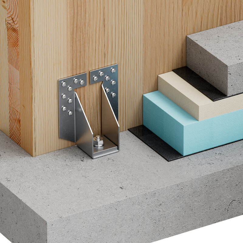 Der Zuganker HDCLT140 von Simpson Strong-Tie von schräg links betrachtet, eine Holzwand mit einem Betonfußboden verbindend. Rechts sind die verschiedenen Schichten des Fußbodenaufbaus im Querschnitt dargestellt. Schalldämmung, Wärmedämmung und der eigentliche Fußbodenbelag.