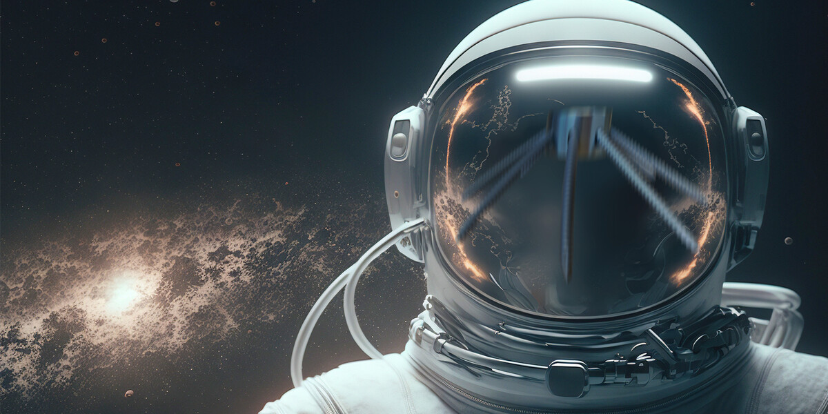 Ein Astronaut im Weltall, links von ihm eine hellgelbe Galaxis. Von dem Astronauten sieht man nur den Helm, dessen Display dem Betrachter zugewandt ist und in dem sich der Hydra spiegelt.